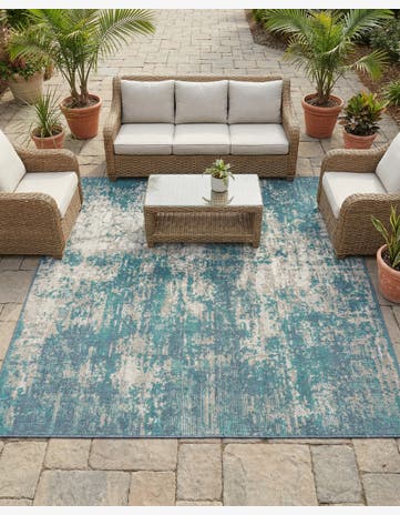 Blue Easy-Clean Coastal Indoor / Outdoor Square Rug