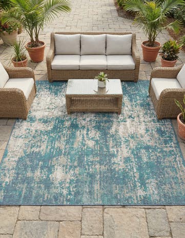 Blue Easy-Clean Coastal Indoor / Outdoor Square Rug