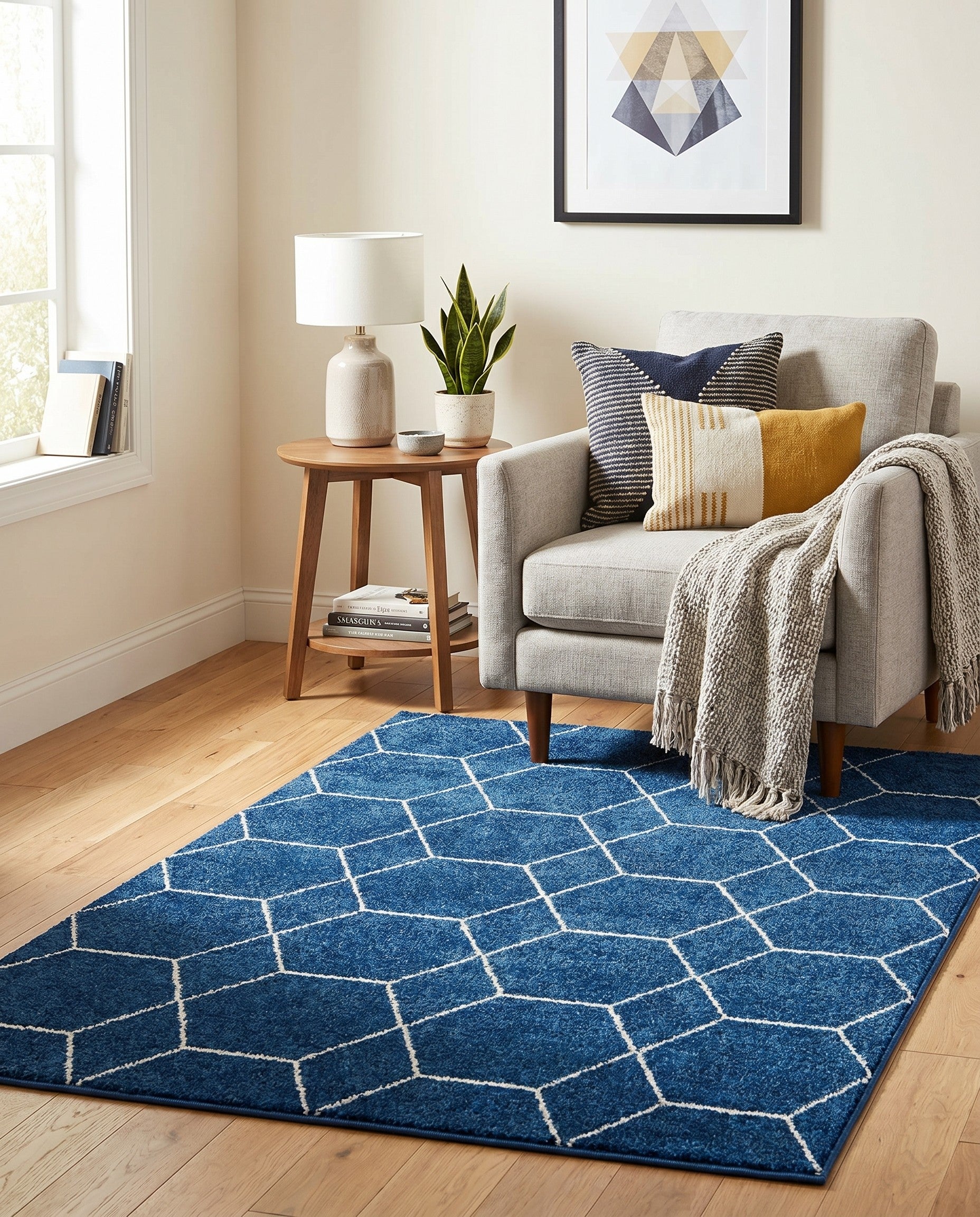 Navy Blue Trellis Frieze Rug