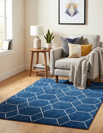 Navy Blue Lattice Frieze Rug