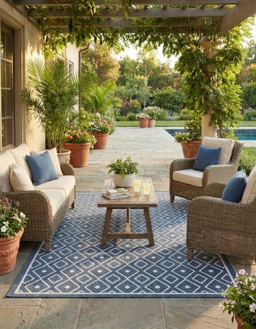 Navy Blue Easy-Clean Lattice Indoor / Outdoor Rug