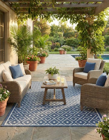 Navy Blue Easy-Clean Lattice Indoor / Outdoor Rug