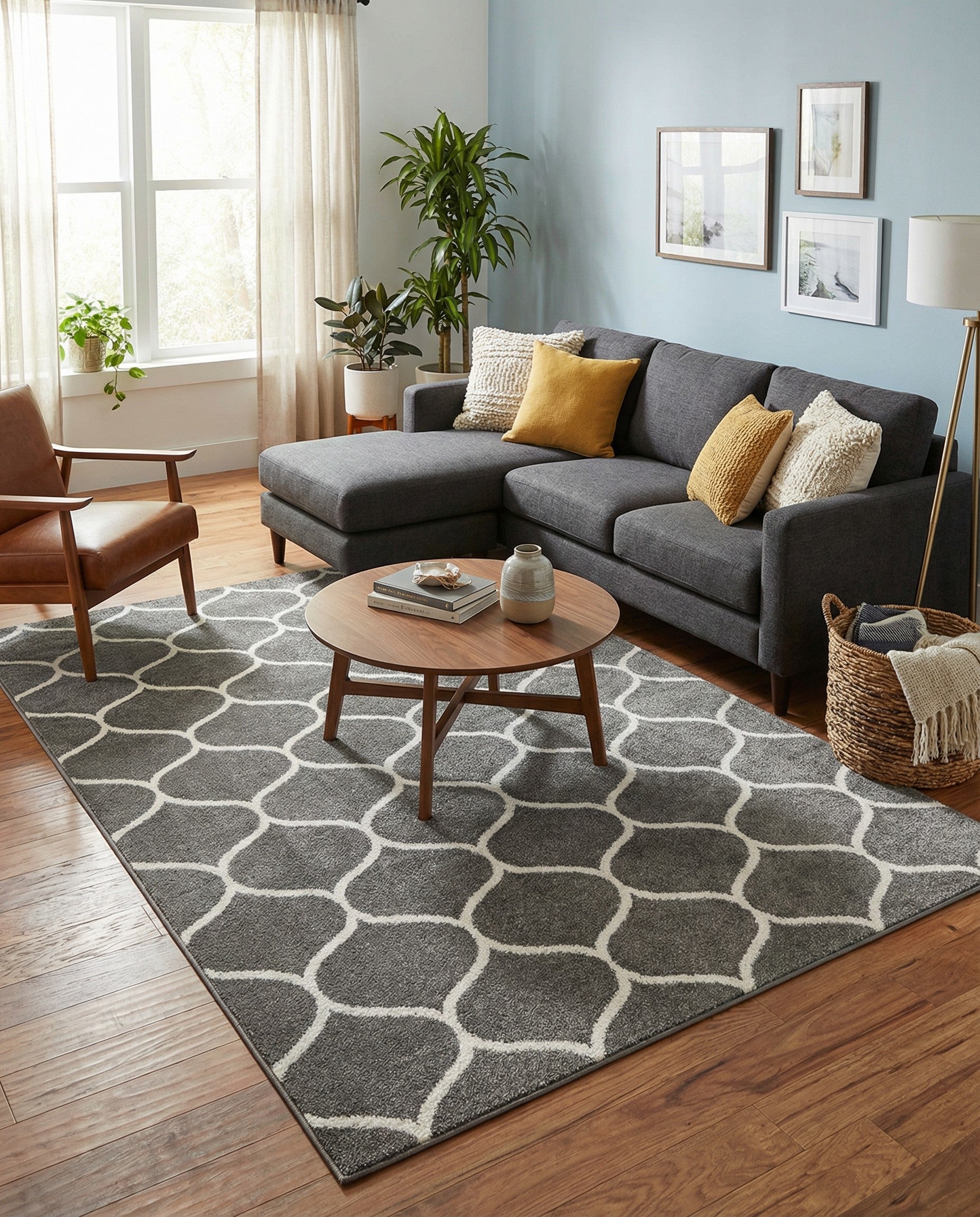 A 5x8 rectangular gray area rug with a modern white trellis pattern, suitable for a living room.