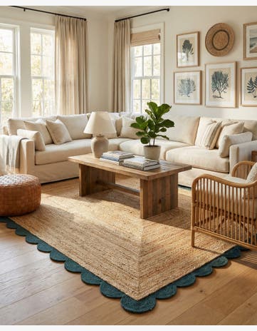 Natural and Green Handmade Scallop Braided Jute Rug