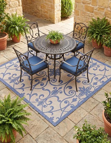 Blue Easy-Clean Botanical Indoor / Outdoor Square Rug
