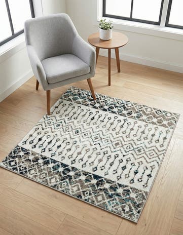Ivory Gray Blue Moroccan Trellis Square Rug