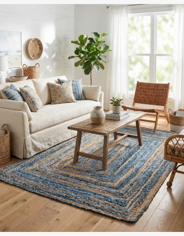 Blue and Natural Handmade Braided Chindi Rug