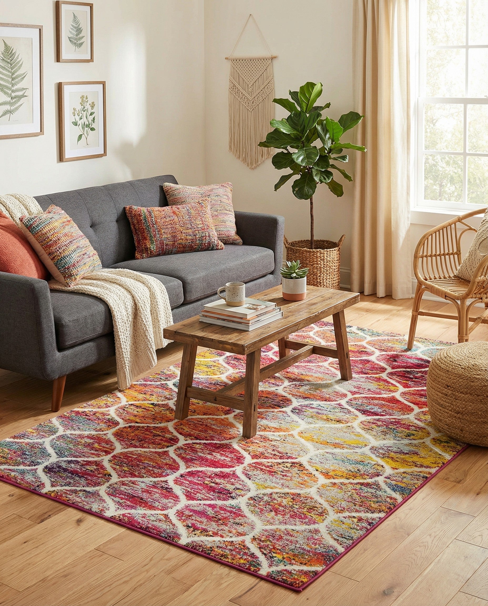 A 5x8 rectangular multi-colored modern trellis rug with a thin pile, ideal for a living room.