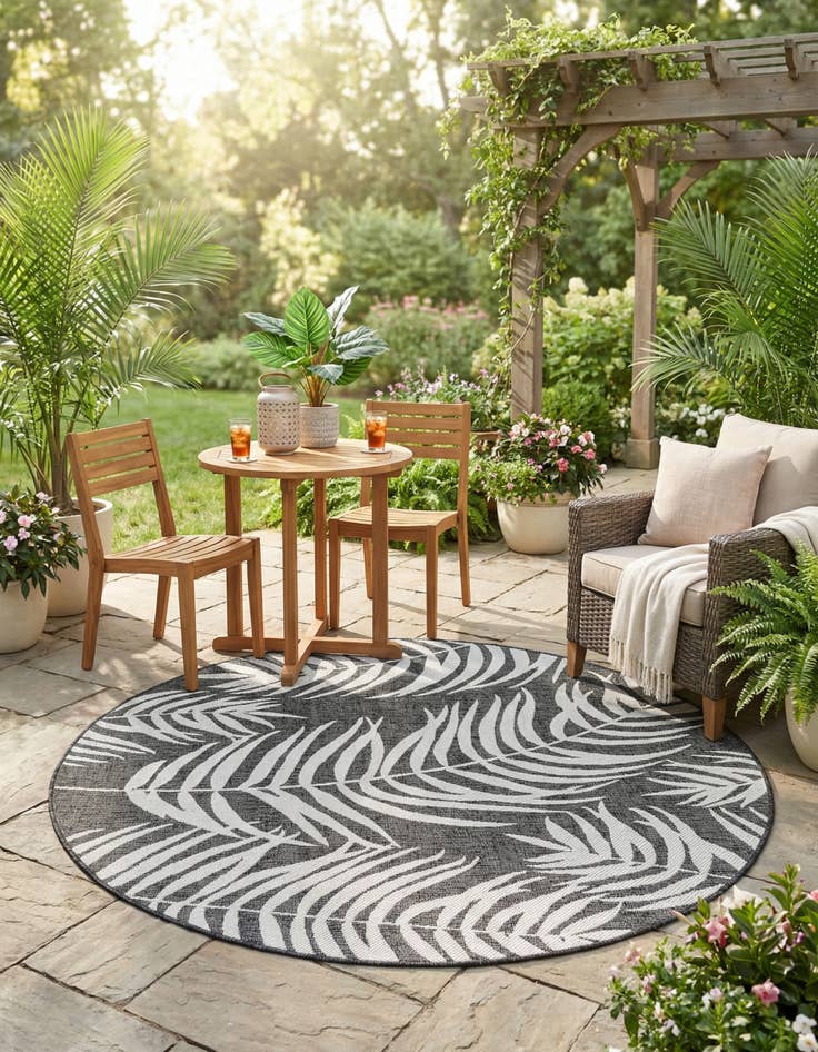 Detail image of 5' 3 x 5' 3 Washable Botanical Indoor / Outdoor Round Rug