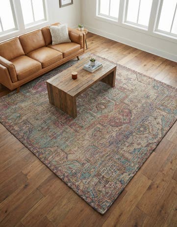 Antique Red and Blue Chenille Jute Square Rug
