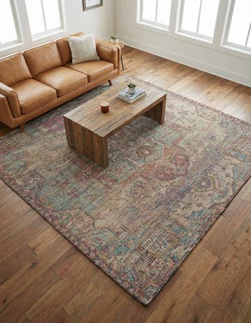 Antique Red and Blue Chenille Jute Square Rug