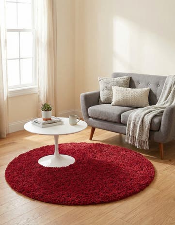 Cherry Red Solid Shag Round Rug