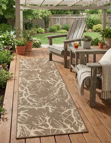 Brown Easy-Clean Botanical Indoor / Outdoor Runner Rug
