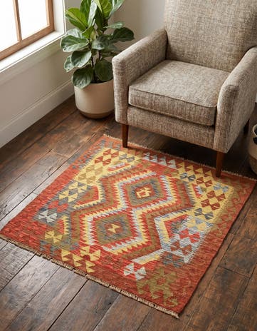 3' 4 x 3' 10 Hand Woven Kilim Maymana Wool Square Rug
