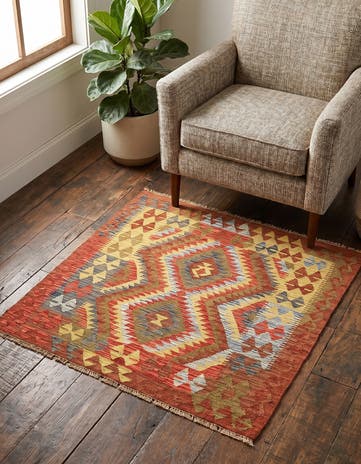 3' 4 x 3' 10 Hand Woven Kilim Maymana Wool Square Rug