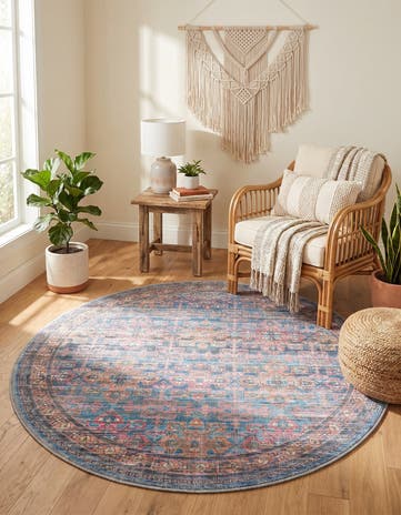 Antique Blue Washable Nostalgia Round Rug