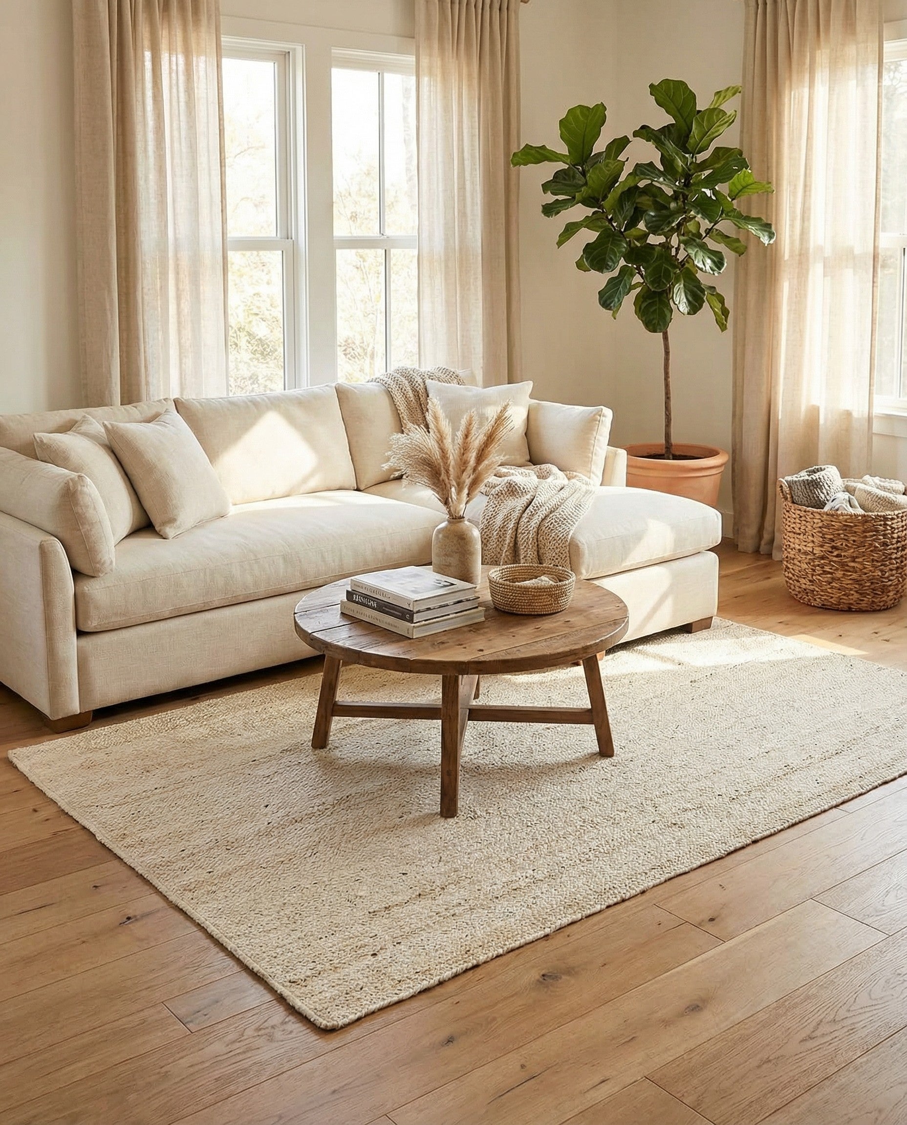 A 5x8 rectangular white braided jute rug with a textured, minimalist flatweave design, suitable for a living room.