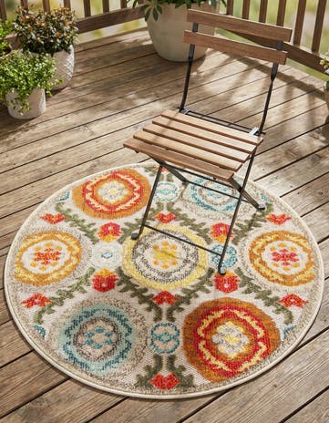 Ivory Beige Easy-Clean Casablanca Indoor / Outdoor Round Rug