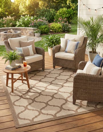 Beige and Brown Easy-Clean Lattice Indoor / Outdoor Square Rug