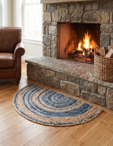 Blue and Natural Handmade Braided Chindi Hearth Rug