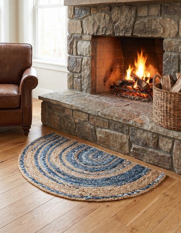 Blue and Natural Handmade Braided Chindi Hearth Rug