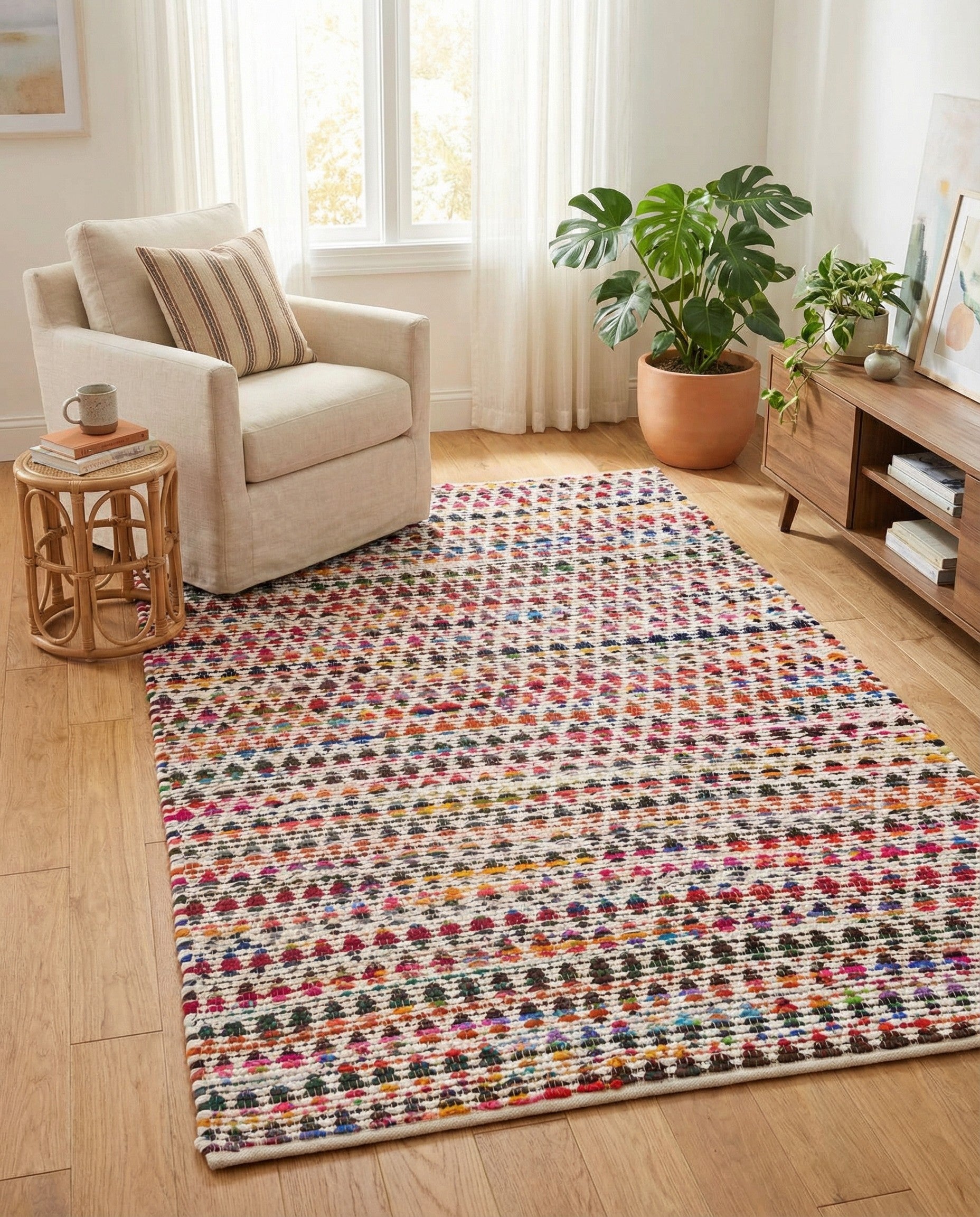 A 5x8 rectangular, multi-colored Braided Chindi rug with a textured, eclectic pattern, suitable for a living room.