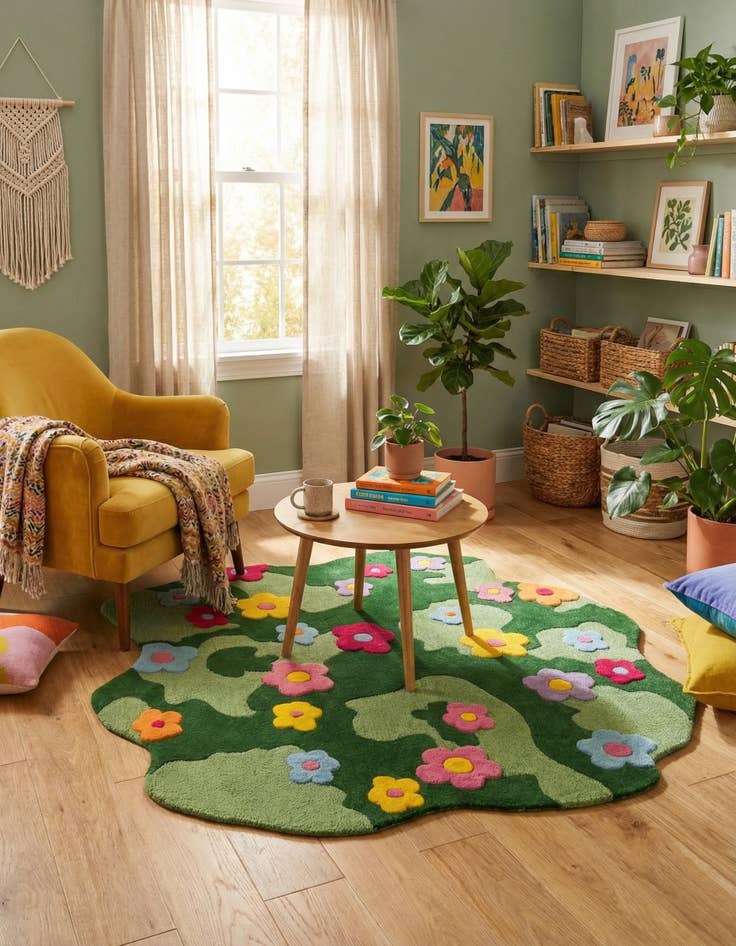 Detail image of 5' 1 x 5' 1 Happy Rugs Moss Funky Flower Wool Round