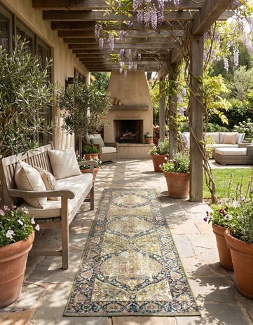 Green Easy-Clean Traditional Indoor / Outdoor Runner Rug
