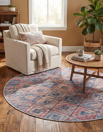 Peach and Blue Washable Sisu Round Rug