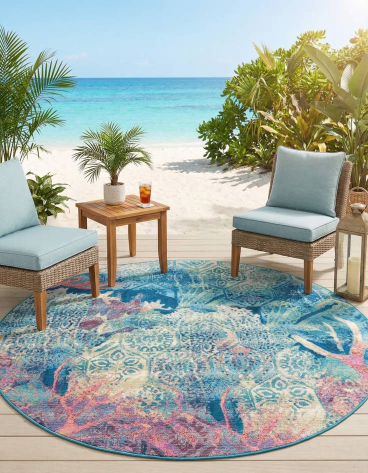 Detail image of 7' 10 x 7' 10 Washable Coastal Indoor / Outdoor Round Rug