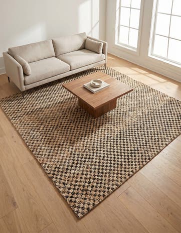 Black and Natural Hand Woven Checkered Jute Wool Square Rug