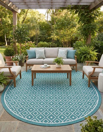 Teal Easy-Clean Lattice Indoor / Outdoor Oval Rug
