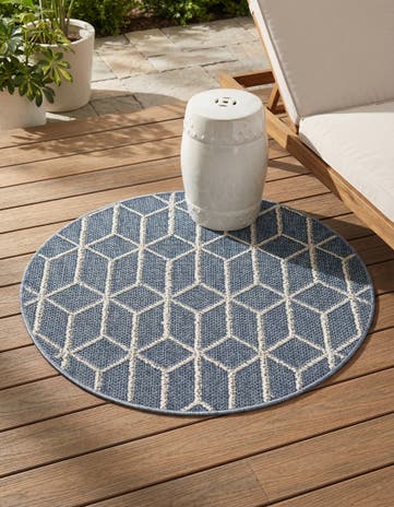 Navy Blue Easy-Clean Lattice Indoor / Outdoor Round Rug