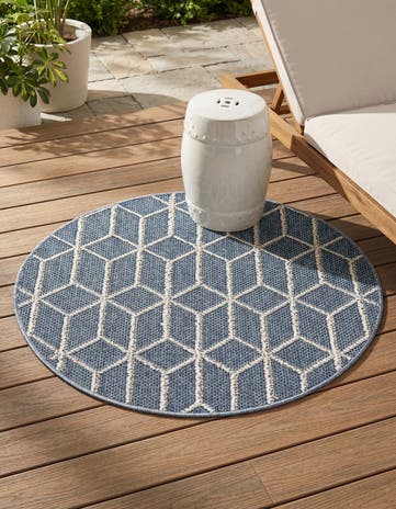 Navy Blue Easy-Clean Lattice Indoor / Outdoor Round Rug