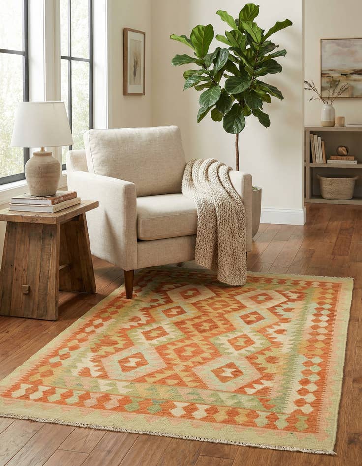 Detail image of 3' 2 x 4' 10 Hand Woven Kilim Waziri Wool Rug