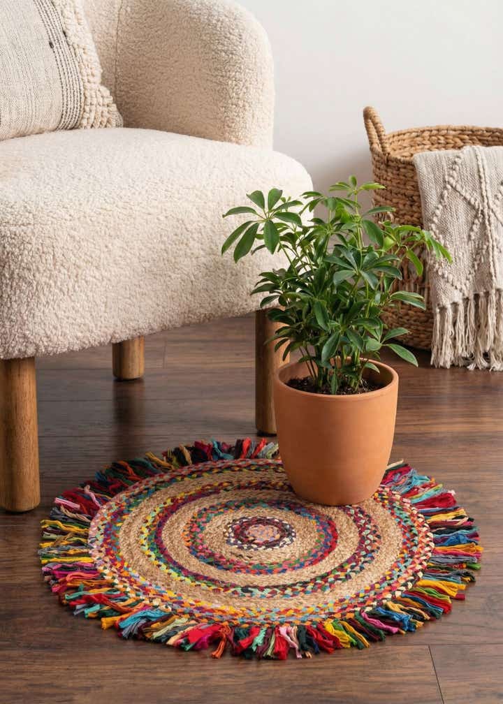 2' x 2' Hand Braided Chindi Jute Round Rug