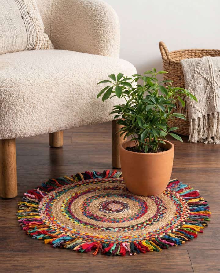 2' x 2' Hand Braided Chindi Jute Round Rug