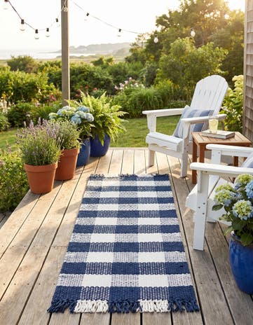 Navy Blue Easy-Clean Eco Plaid Washable Indoor / Outdoor Runner Rug