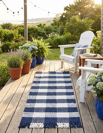 Navy Blue Easy-Clean Eco Plaid Washable Indoor / Outdoor Runner Rug