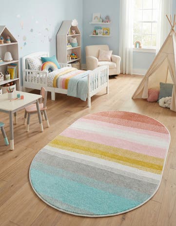 3' 3 x 5' 3 Rainbow Stripes Whimsy Kids Oval Rug