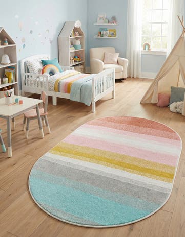 3' 3 x 5' 3 Rainbow Stripes Whimsy Kids Oval Rug