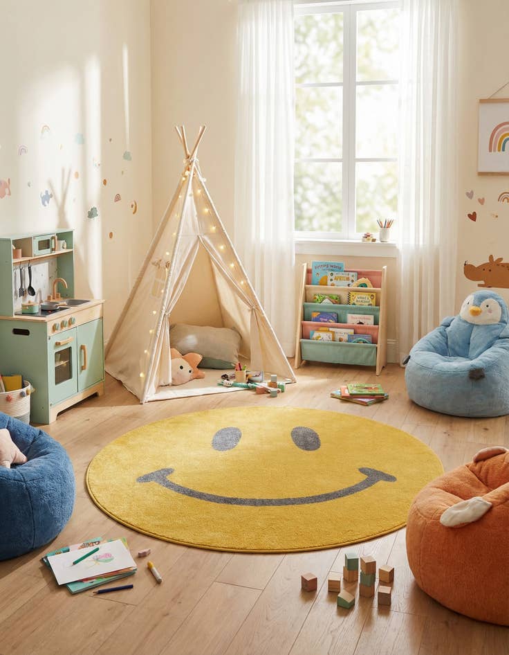 Detail image of 5' 1 x 5' 1 Smiley Face Whimsy Kids Round Rug