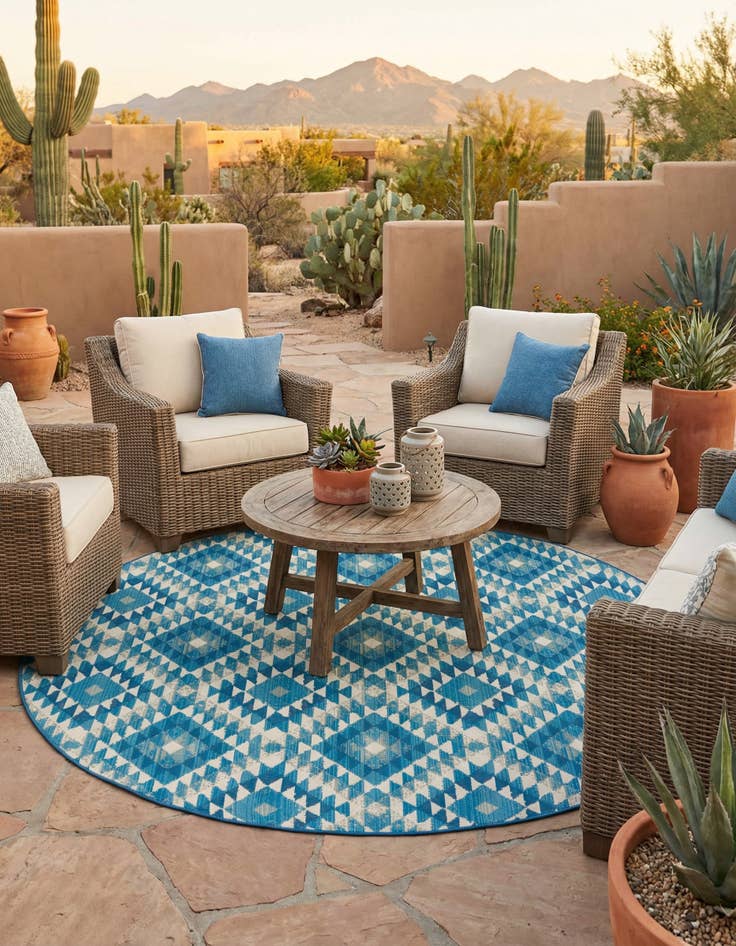 Detail image of 7' 10 x 7' 10 Easy-Clean Southwestern Indoor / Outdoor Round Rug