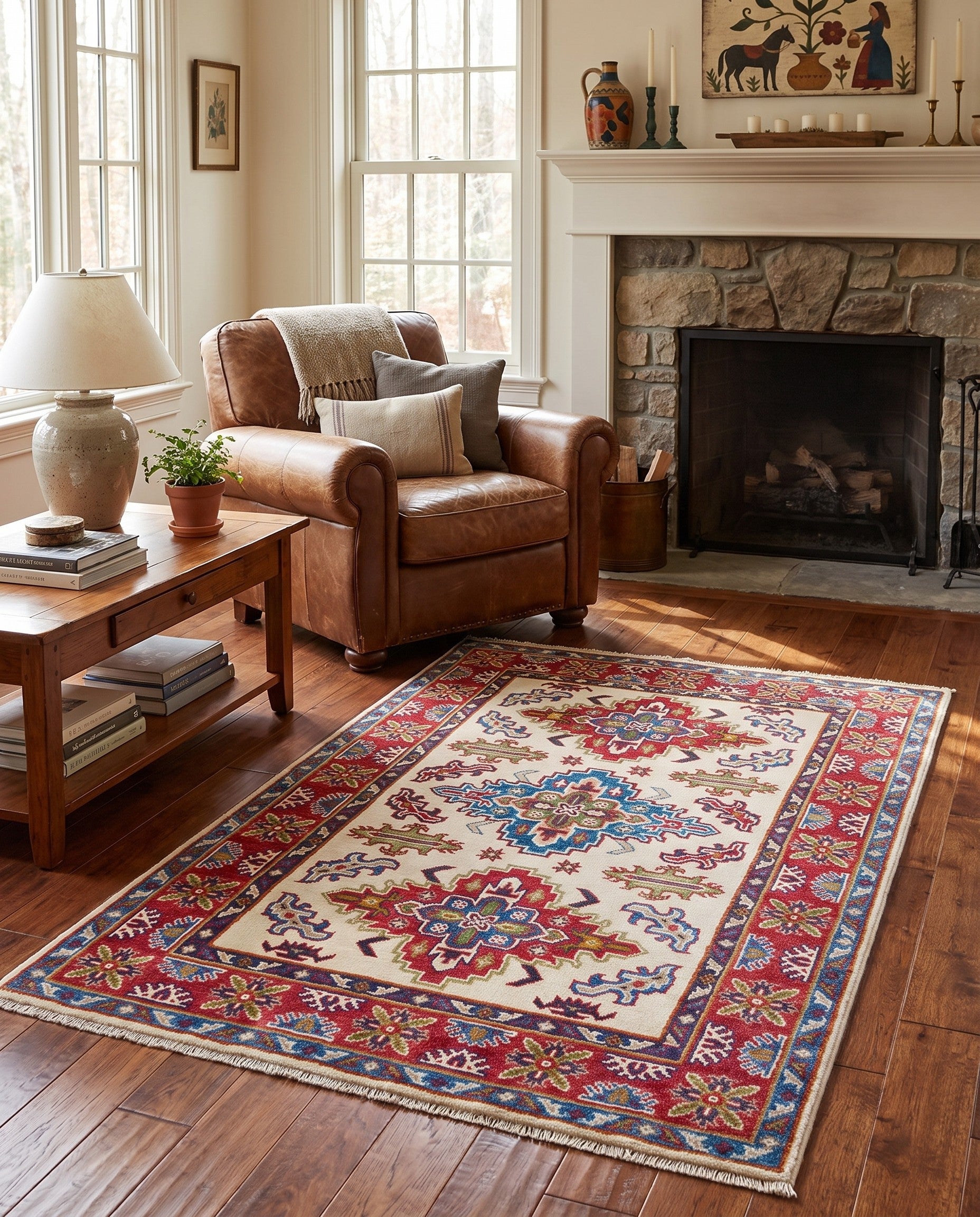 3' 4 x 4' 10 Hand Knotted Kazak Rug