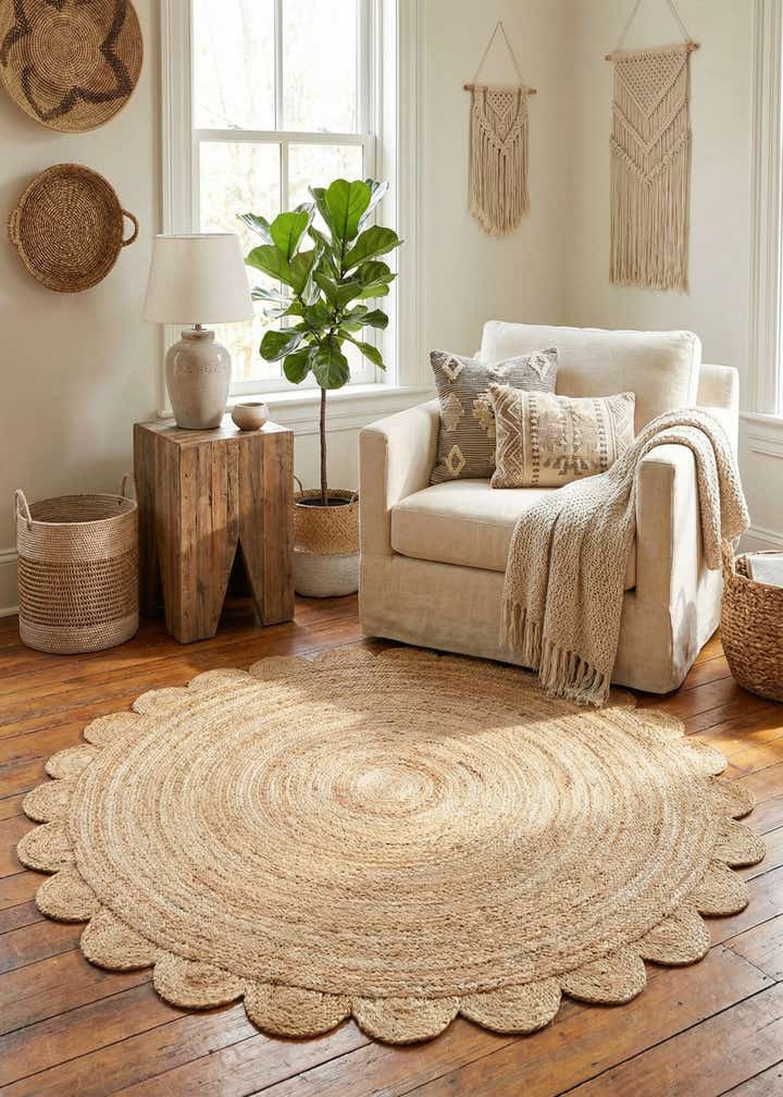 6' 1 x 6' 1 Hand Woven Scallop Braided Jute Round Rug
