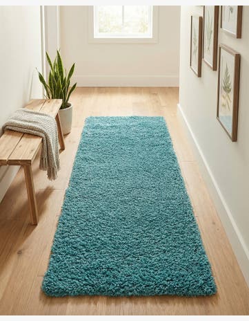 Deep Aqua Blue Solid Shag Runner Rug