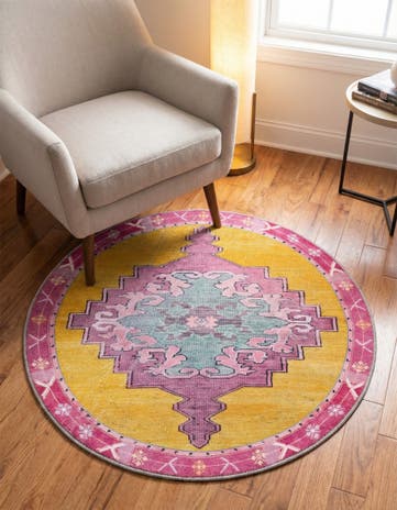 Yellow Washable Timeless Round Rug