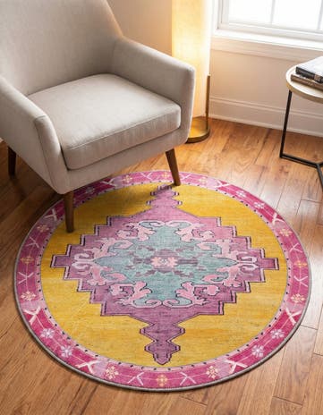 Yellow Washable Timeless Round Rug