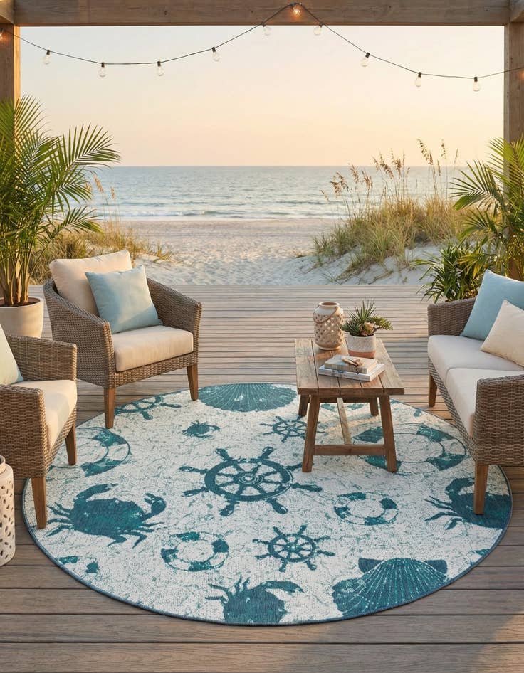 Detail image of 7' x 7' Washable Coastal Indoor / Outdoor Round Rug
