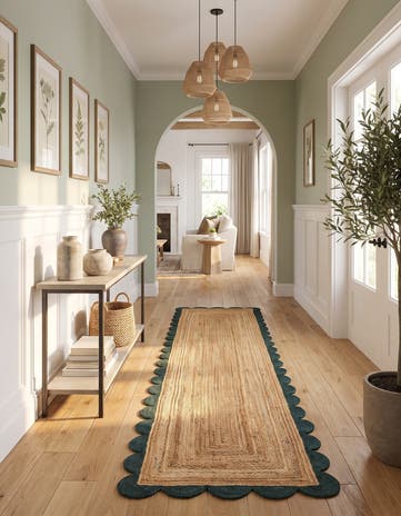 Natural and Green Handmade Scallop Braided Jute Runner Rug